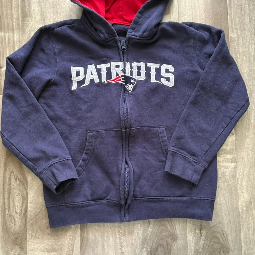NFL New England Patriots Youth Full Zip Hoodie Navy Blue Red Hood Size M (10/12)